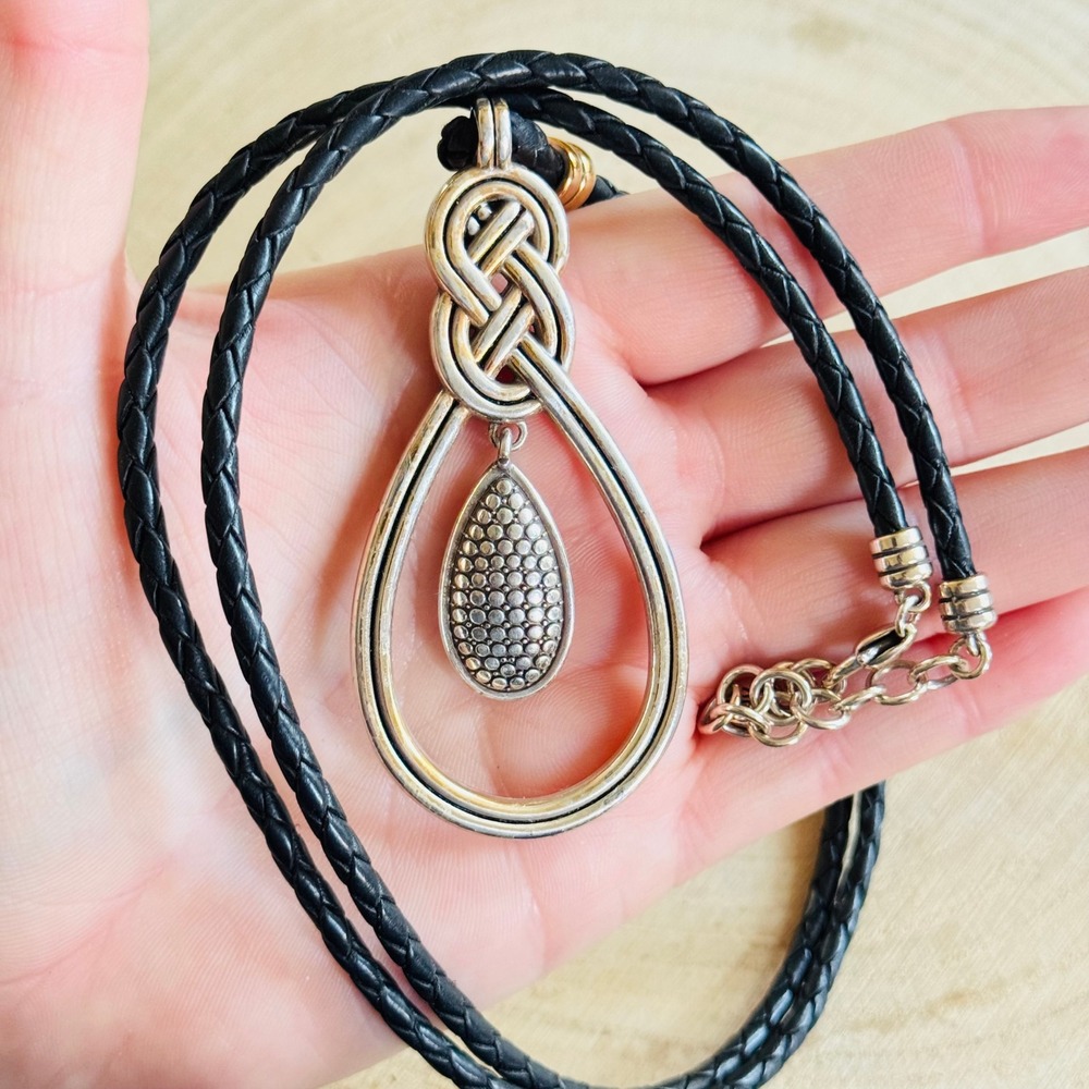 Brighton Celtic Knot teardrop necklace collar silver plated metal leather 36"